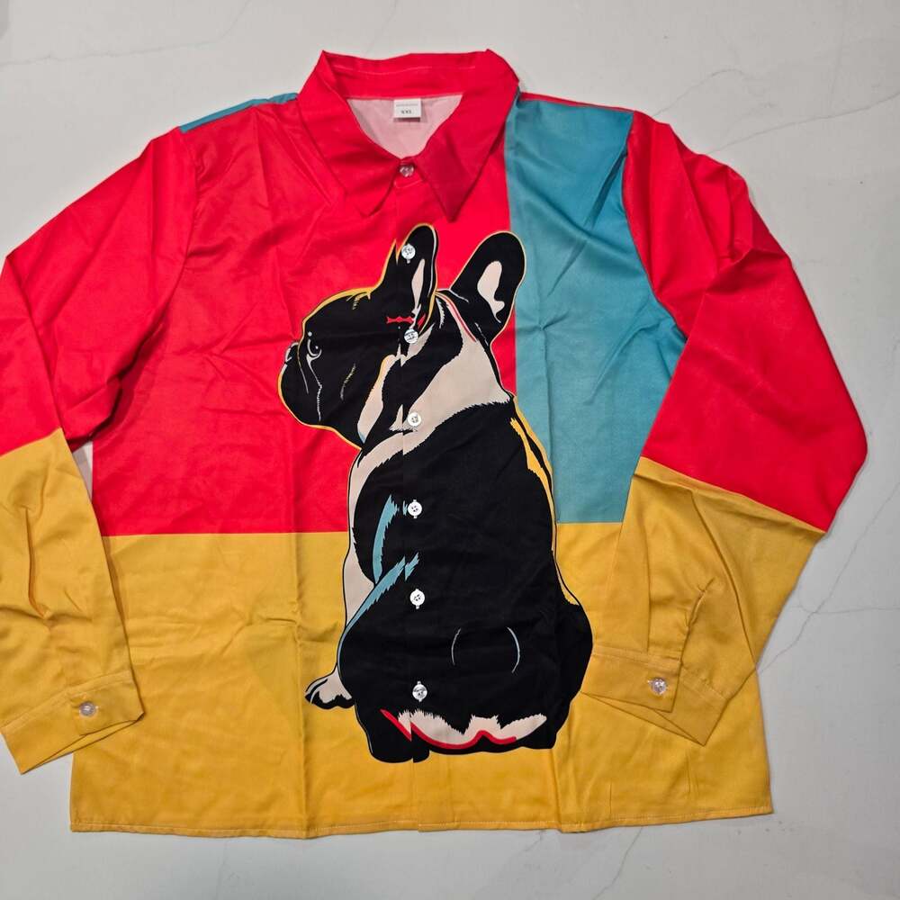 Dog Art Long Sleeve Colorblock Button-Down Shirt XXL
